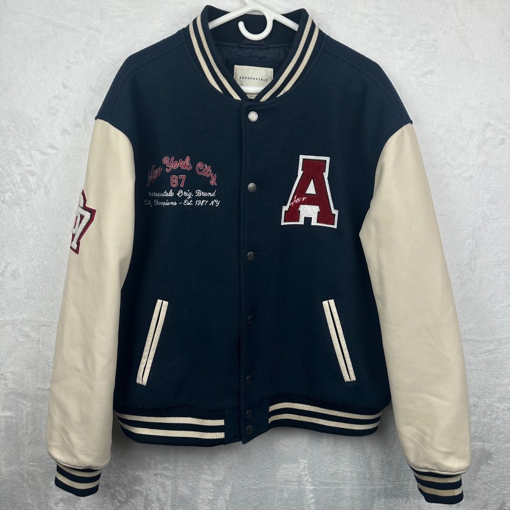 Aeropostale Men's L New York City Varsity Bomber Jacket Letterman Navy Cream 87